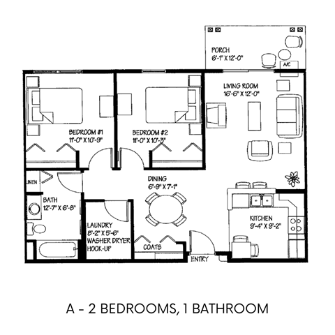 Floor plan for 2 beds, 1 bath, 925 sqft